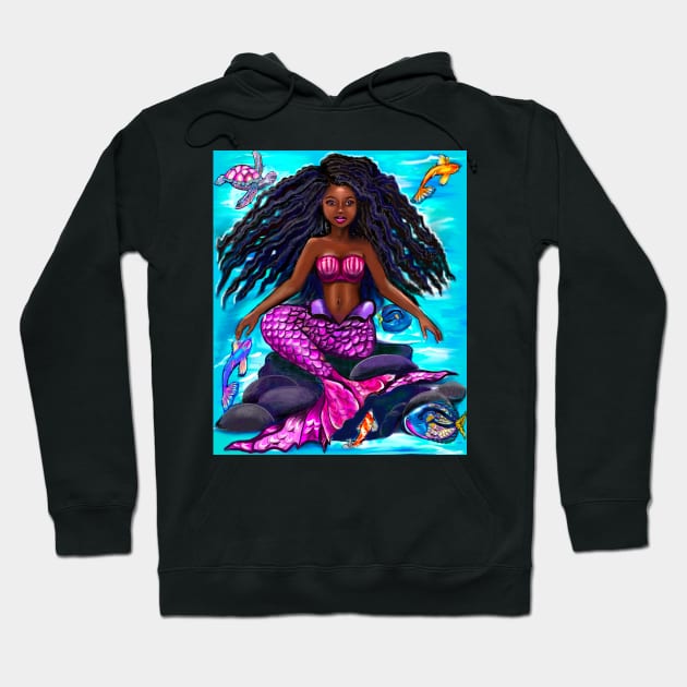 Black mermaid with flowing locks , brown eyes Afro hair and caramel brown skin Hoodie by Artonmytee